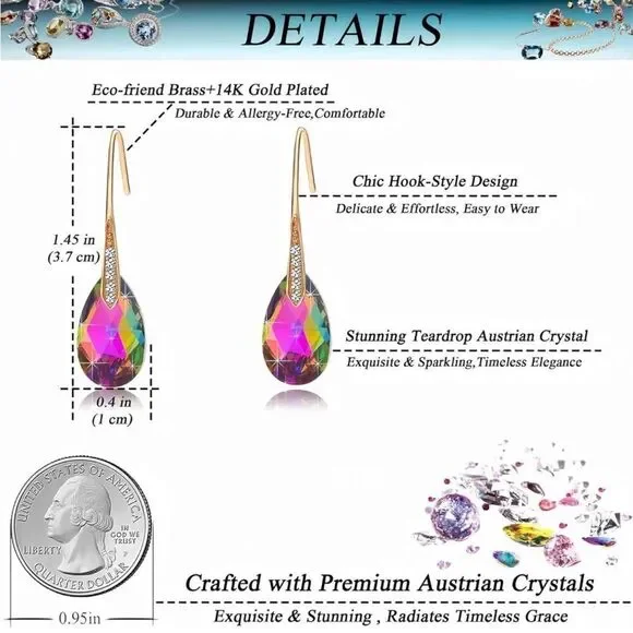 14K Yellow Gold with Vitrail Medium Austrian Crystal Teardrop Drop Hook Earrings
